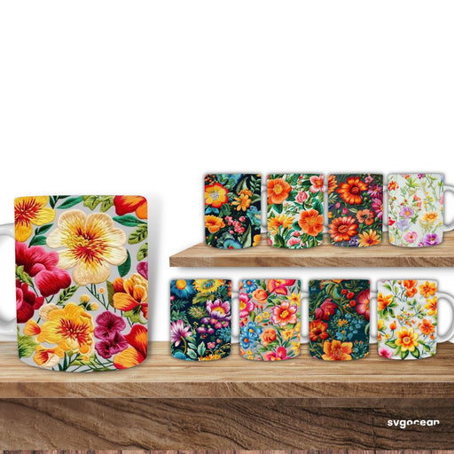 Embroidery Flowers Mug Sublimation Bundle - svgocean