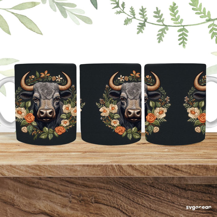 Embroidery Bull Mug Sublimation - svgocean