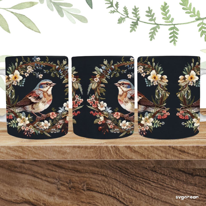 Bird Embroidery Mug Wrap Sublimation Bundle - svgocean