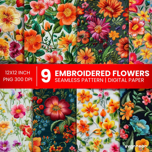 Embroidery Flowers Digital Paper - svgocean