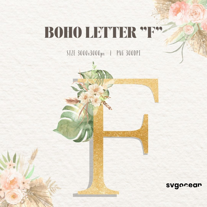 Boho Floral Letters Watercolor Clipart Bundle - Svg Ocean