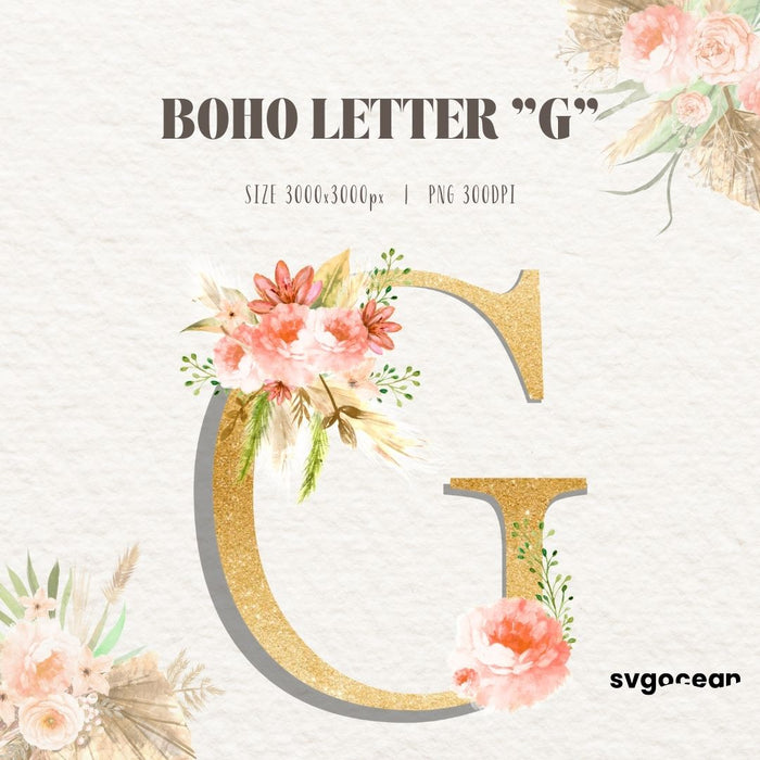 Boho Floral Letters Watercolor Clipart Bundle - Svg Ocean