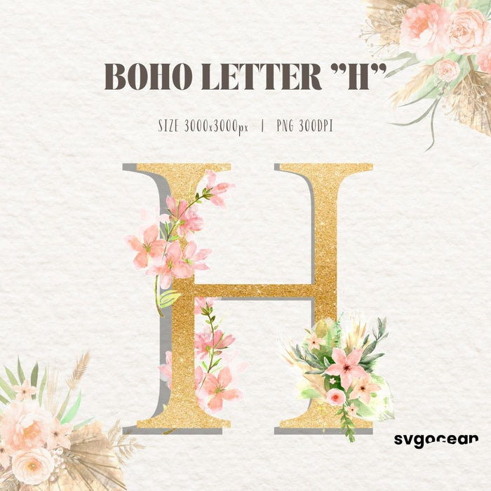 Boho Floral Letters Watercolor Clipart Bundle - Svg Ocean