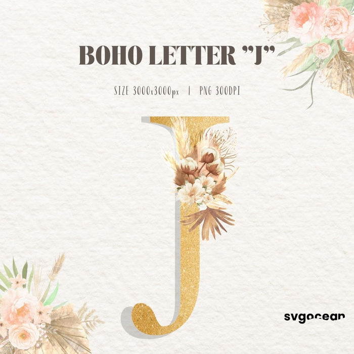 Boho Floral Letters Watercolor Clipart Bundle - Svg Ocean