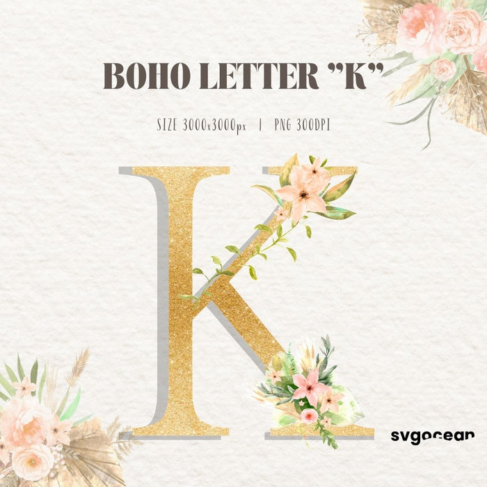 Boho Floral Letters Watercolor Clipart Bundle - Svg Ocean