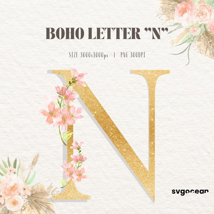 Boho Floral Letters Watercolor Clipart Bundle - Svg Ocean