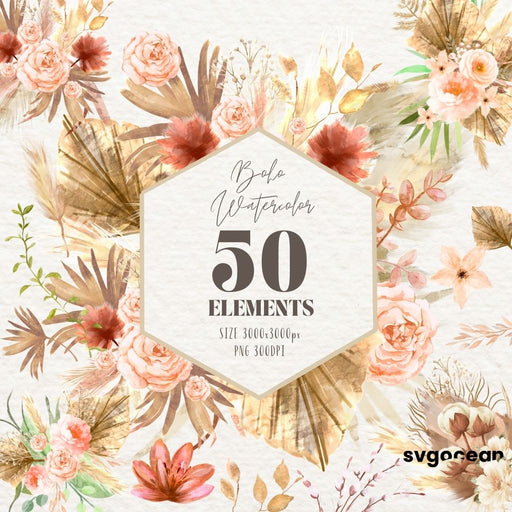 Boho Flowers Watercolor Clipart Bundle - Svg Ocean