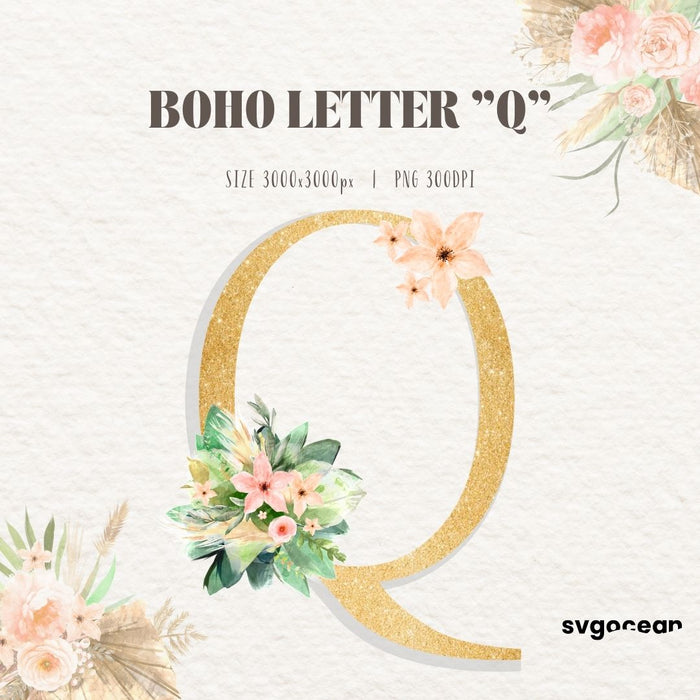 Boho Floral Letters Watercolor Clipart Bundle - Svg Ocean