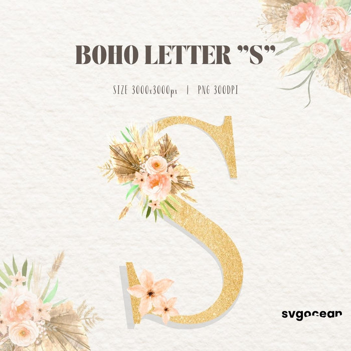 Boho Floral Letters Watercolor Clipart Bundle - Svg Ocean