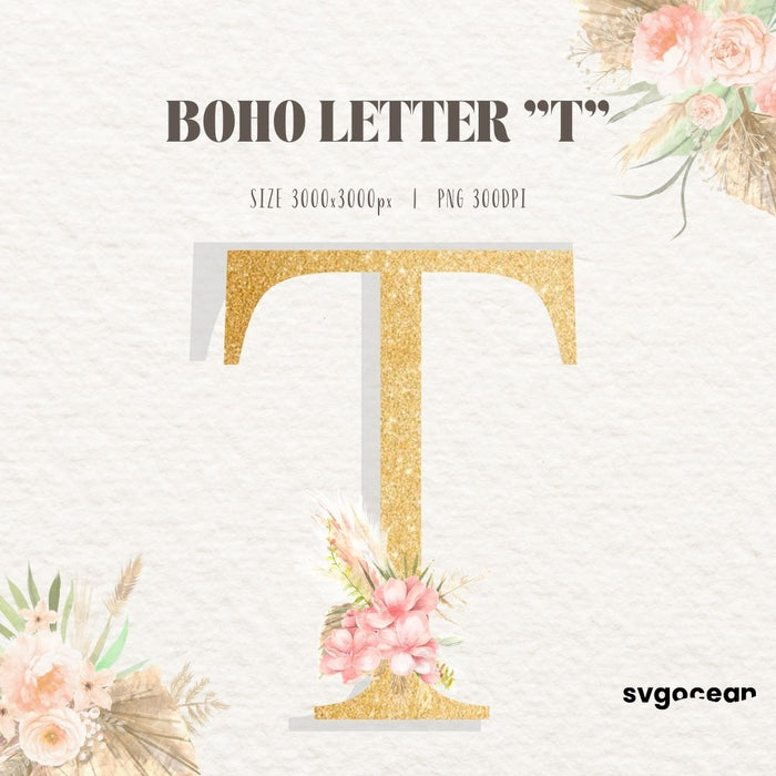 Boho Floral Letters Watercolor Clipart Bundle - Svg Ocean