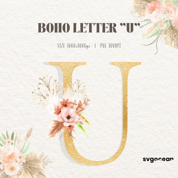 Boho Floral Alphabet Watercolor Clipart Bundle - Svg Ocean