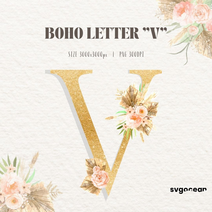 Boho Floral Letters Watercolor Clipart Bundle - Svg Ocean