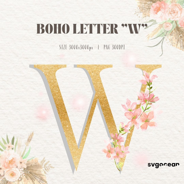 Boho Floral Letters Watercolor Clipart Bundle - Svg Ocean