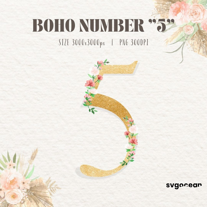Boho Floral Numbers Watercolor Clipart Bundle - Svg Ocean