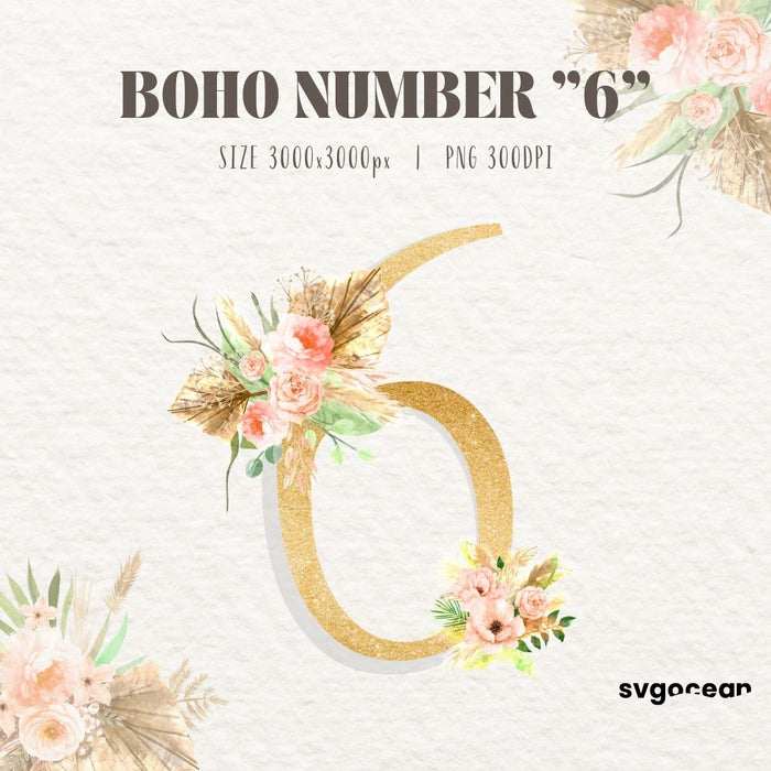 Boho Floral Numbers Watercolor Clipart Bundle vector for instant ...