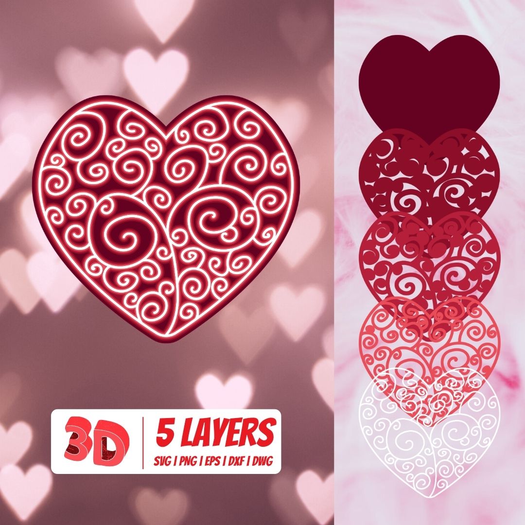 3D Valentines Heart SVG Cut File vector for instant download - Svg ...