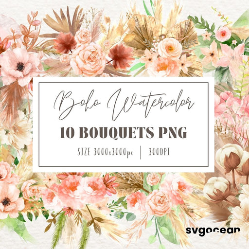 Boho Flowers Watercolor Bouquets Bundle - Svg Ocean