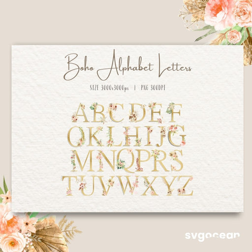 Boho Floral Letters Watercolor Clipart Bundle - Svg Ocean