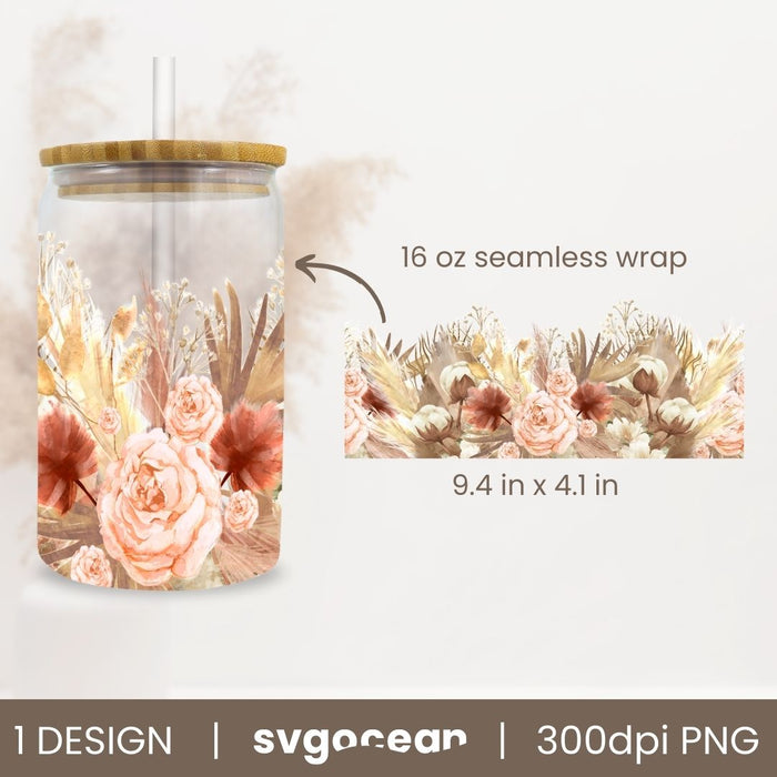 Boho Flowers Can Glass Wrap Sublimation Bundle - Svg Ocean