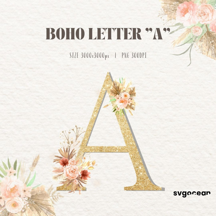 Boho Floral Letters Watercolor Clipart Bundle - Svg Ocean