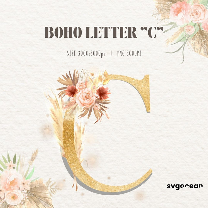 Boho Floral Letters Watercolor Clipart Bundle - Svg Ocean