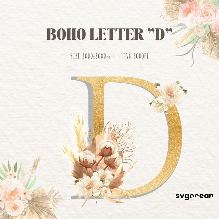 Boho Floral Letters Watercolor Clipart Bundle - Svg Ocean