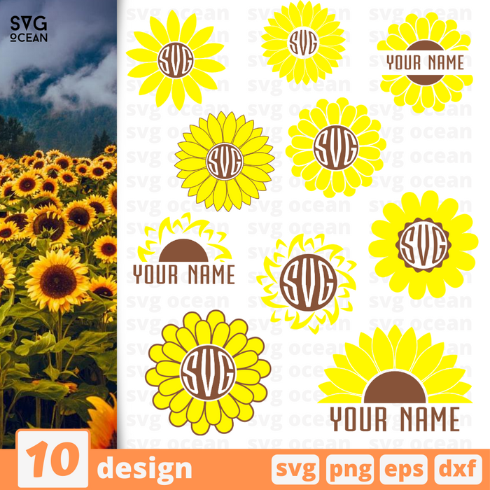 Monogram frames sunflower SVG vector bundle - Svg Ocean