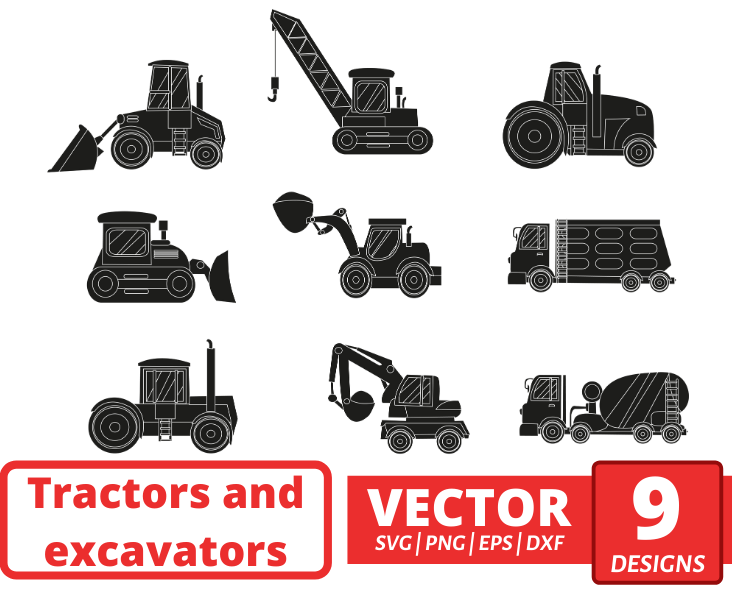 Tractors and excavators silhouette svg